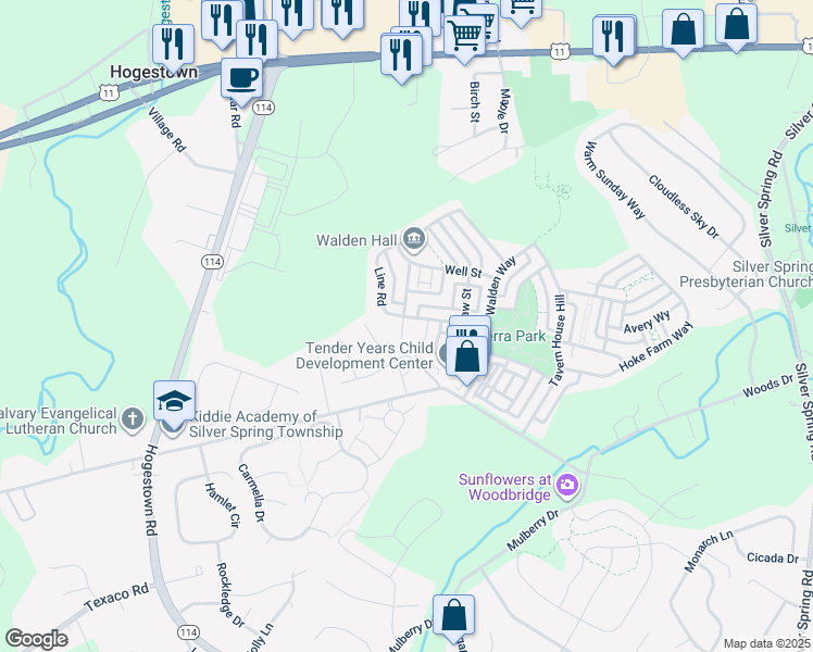 map of restaurants, bars, coffee shops, grocery stores, and more near 6 Nook Alley in Mechanicsburg