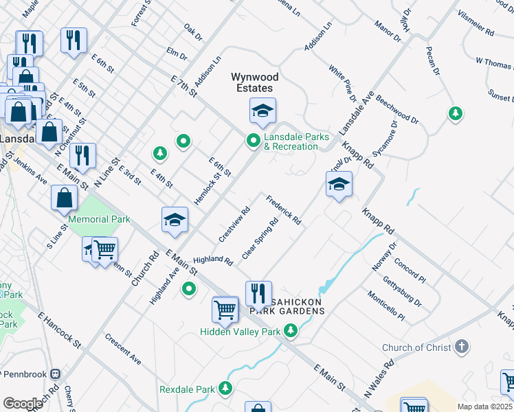 map of restaurants, bars, coffee shops, grocery stores, and more near 505 Crestview Road in Lansdale