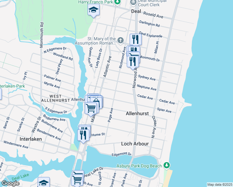 map of restaurants, bars, coffee shops, grocery stores, and more near 305 Cedar Avenue in Allenhurst