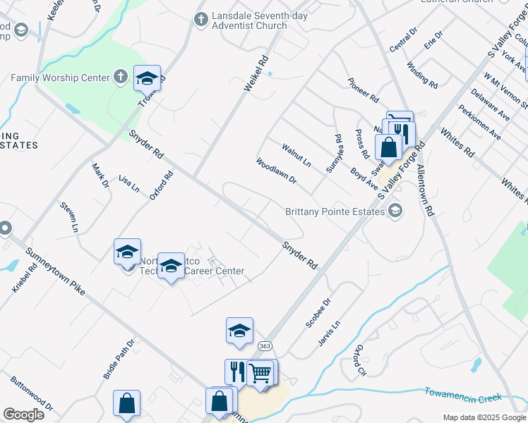 map of restaurants, bars, coffee shops, grocery stores, and more near 100 Snyder Road in Lansdale