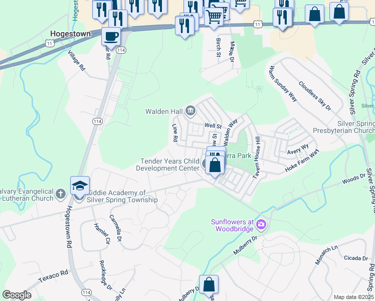 map of restaurants, bars, coffee shops, grocery stores, and more near 6 Nook Alley in Mechanicsburg