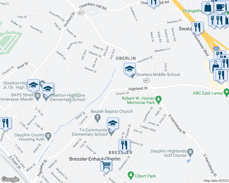 map of restaurants, bars, coffee shops, grocery stores, and more near 984 Highland Street in Harrisburg