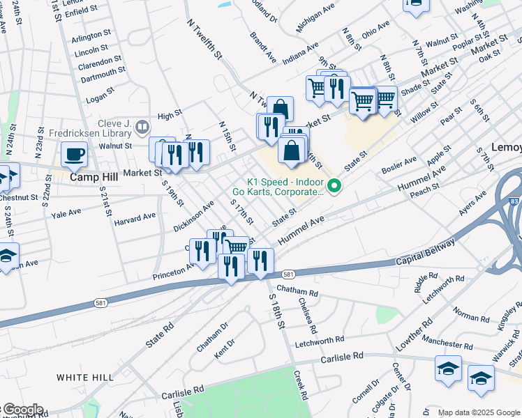 map of restaurants, bars, coffee shops, grocery stores, and more near 216 South 16th Street in Camp Hill