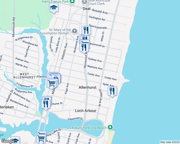 map of restaurants, bars, coffee shops, grocery stores, and more near 53 Neptune Avenue in Deal