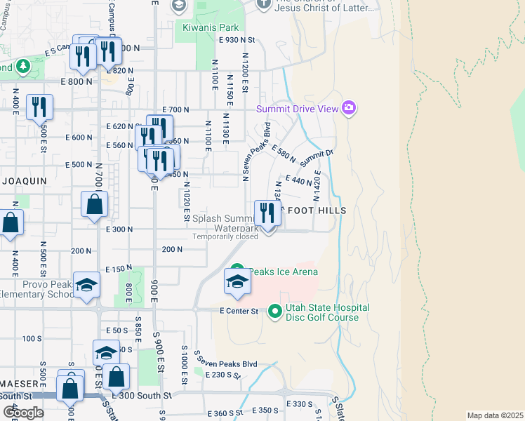 map of restaurants, bars, coffee shops, grocery stores, and more near 391 North 1340 East in Provo