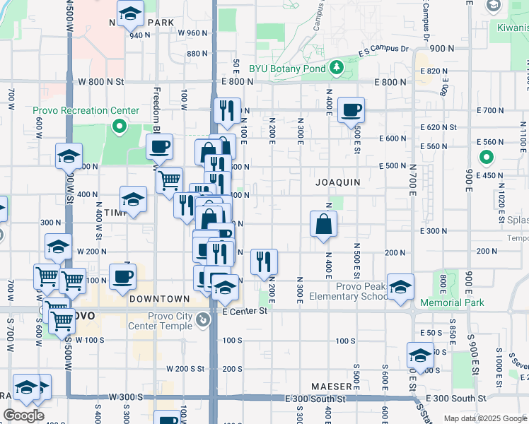 map of restaurants, bars, coffee shops, grocery stores, and more near 387 North 200 East in Provo