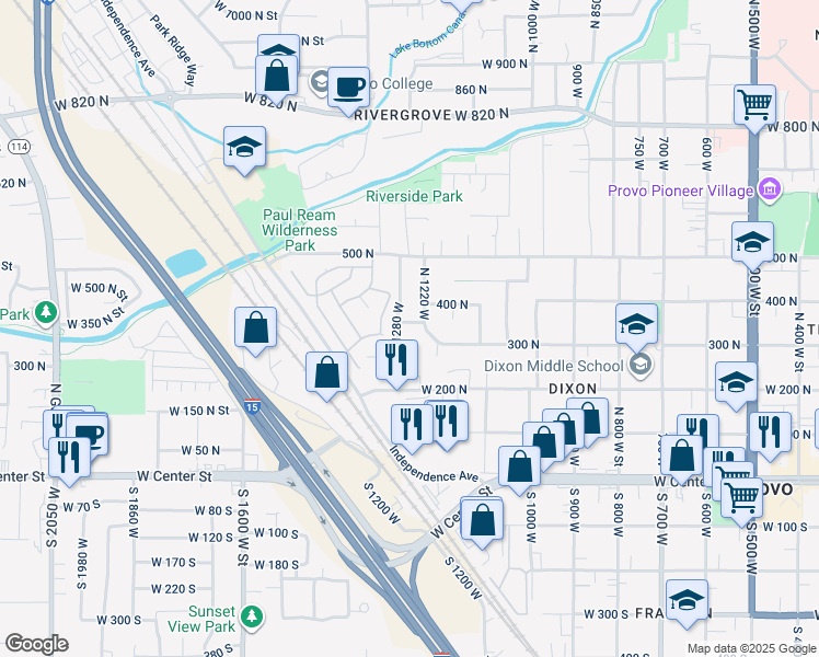 map of restaurants, bars, coffee shops, grocery stores, and more near 378 1280 West in Provo