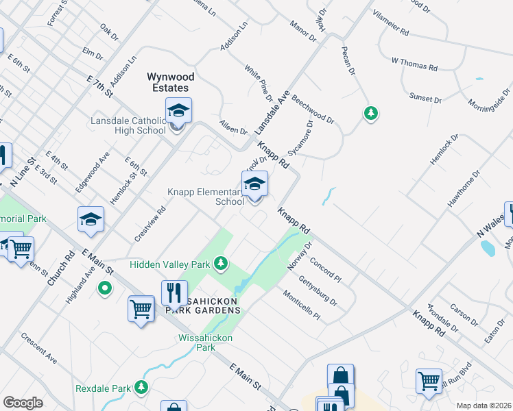 map of restaurants, bars, coffee shops, grocery stores, and more near 631 Knoll Drive in Lansdale