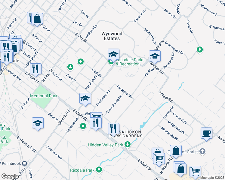 map of restaurants, bars, coffee shops, grocery stores, and more near 505 Crestview Road in Lansdale