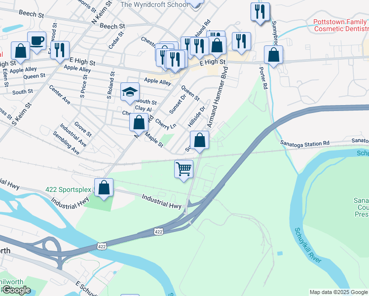 map of restaurants, bars, coffee shops, grocery stores, and more near 167 Hillside Drive in Pottstown
