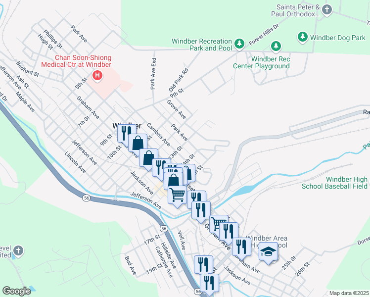 map of restaurants, bars, coffee shops, grocery stores, and more near 802 13th Street in Windber