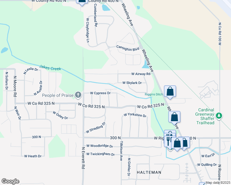 map of restaurants, bars, coffee shops, grocery stores, and more near 2903 W Skylark Dr in Muncie