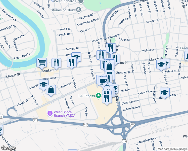map of restaurants, bars, coffee shops, grocery stores, and more near 6 South 34th Street in Camp Hill
