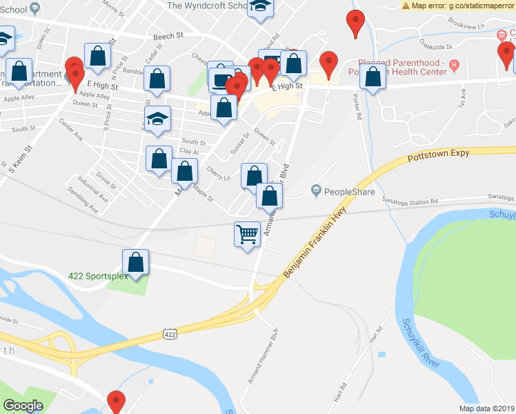 map of restaurants, bars, coffee shops, grocery stores, and more near 168 Sunrise Drive in Pottstown
