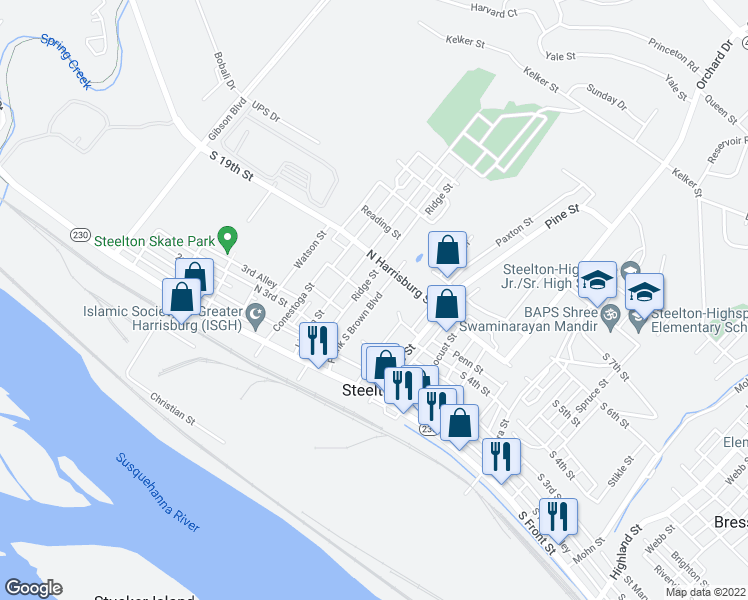 map of restaurants, bars, coffee shops, grocery stores, and more near 201 Bailey Street in Steelton