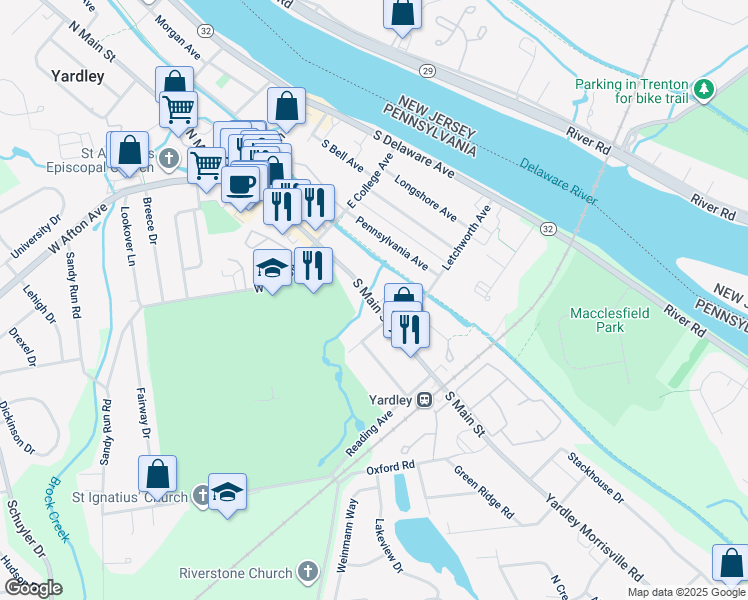 map of restaurants, bars, coffee shops, grocery stores, and more near 146 South Main Street in Yardley