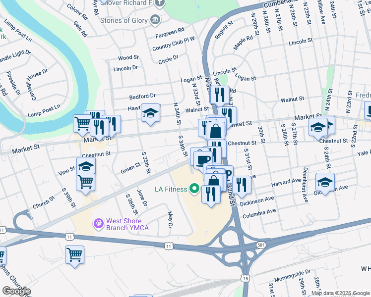 map of restaurants, bars, coffee shops, grocery stores, and more near 27 South 34th Street in Camp Hill
