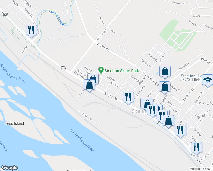 map of restaurants, bars, coffee shops, grocery stores, and more near 507 North 2nd Street in Steelton