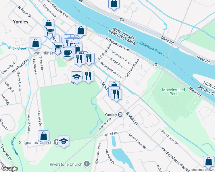 map of restaurants, bars, coffee shops, grocery stores, and more near 146 South Main Street in Yardley