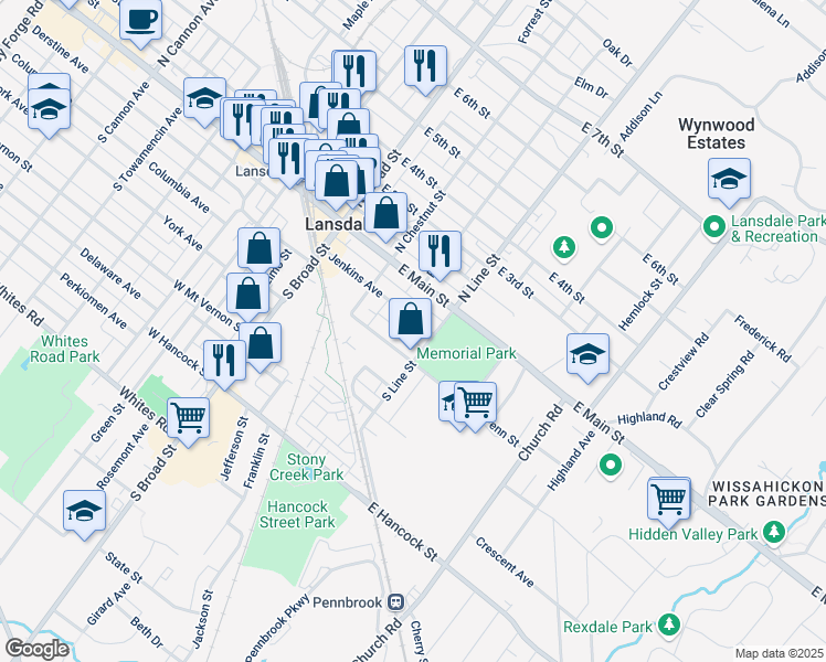 map of restaurants, bars, coffee shops, grocery stores, and more near 164 Jenkins Avenue in Lansdale
