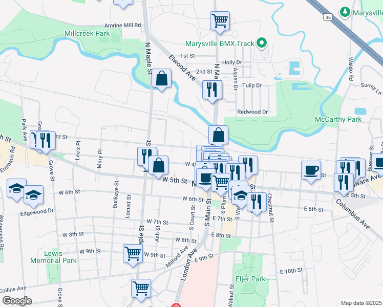map of restaurants, bars, coffee shops, grocery stores, and more near 214 West 3rd Street in Marysville