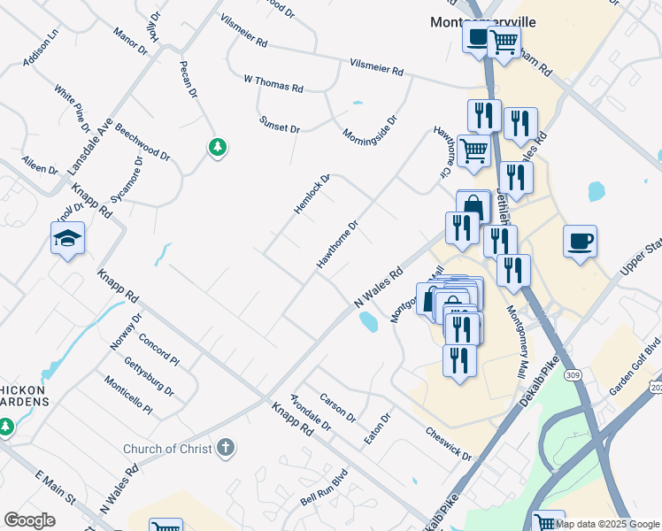 map of restaurants, bars, coffee shops, grocery stores, and more near 203 Hawthorne Drive in North Wales