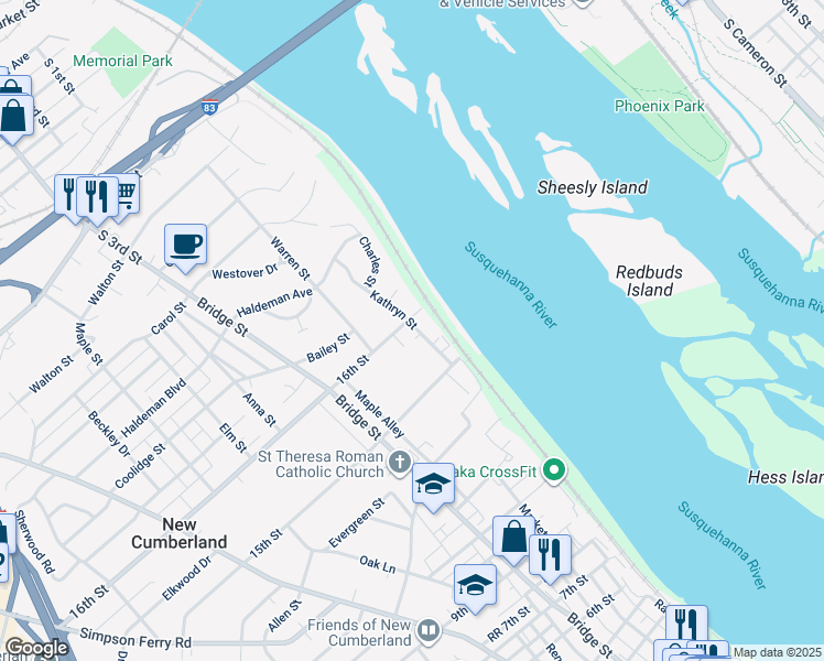 map of restaurants, bars, coffee shops, grocery stores, and more near 114 16th Street in New Cumberland