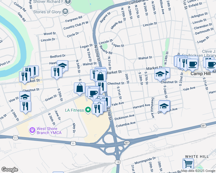 map of restaurants, bars, coffee shops, grocery stores, and more near 3129 Chestnut Street in Camp Hill