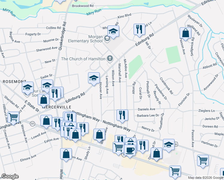 map of restaurants, bars, coffee shops, grocery stores, and more near 143 Wilson Avenue in Hamilton Township