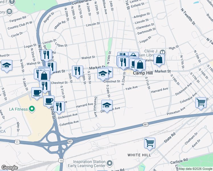 map of restaurants, bars, coffee shops, grocery stores, and more near 100 South 24th Street in Camp Hill