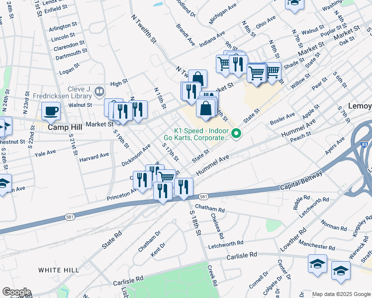 map of restaurants, bars, coffee shops, grocery stores, and more near 216 South 16th Street in Camp Hill