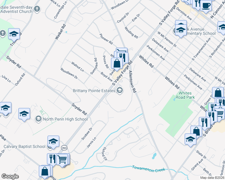 map of restaurants, bars, coffee shops, grocery stores, and more near 1935 Brittany Pointe Estates in Lansdale