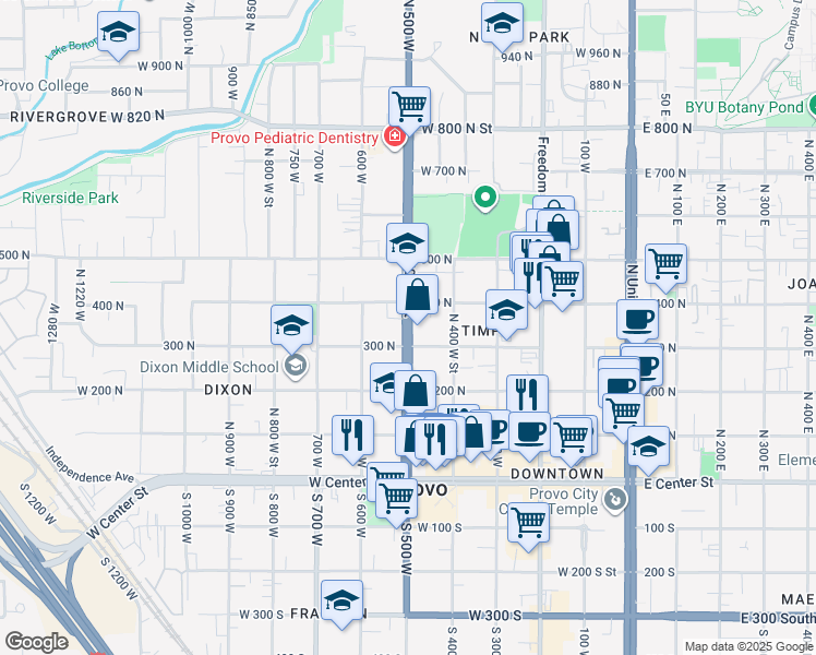 map of restaurants, bars, coffee shops, grocery stores, and more near 342 North 500 West in Provo