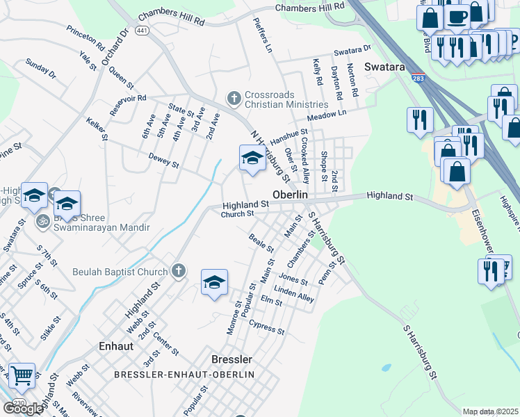 map of restaurants, bars, coffee shops, grocery stores, and more near 1082 Highland Street in Steelton