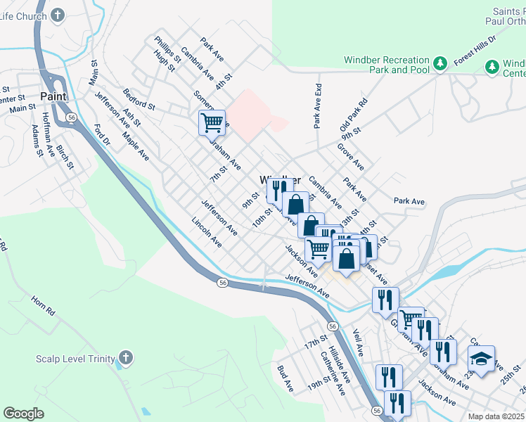 map of restaurants, bars, coffee shops, grocery stores, and more near 910 Graham Avenue in Windber