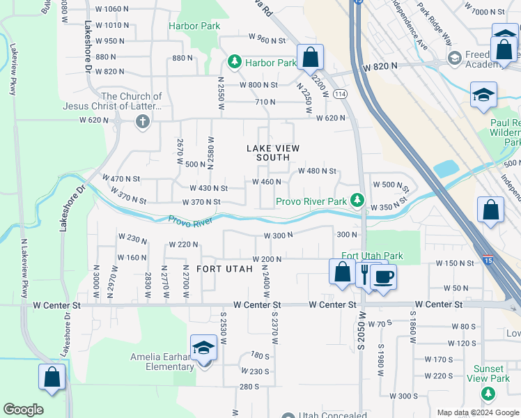 map of restaurants, bars, coffee shops, grocery stores, and more near 300 North 2420 West Street in Provo