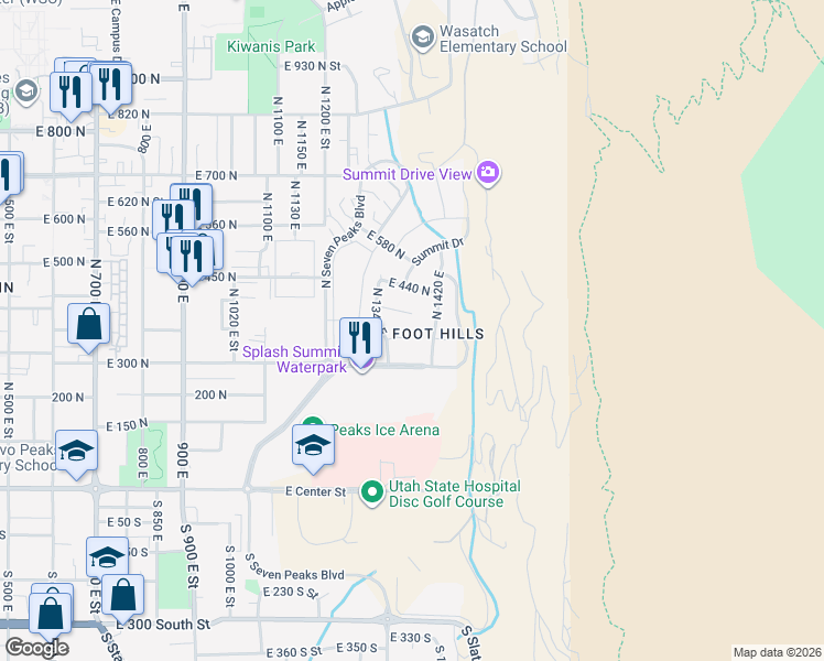 map of restaurants, bars, coffee shops, grocery stores, and more near 1383 East 320 North in Provo