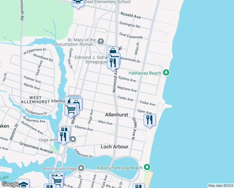 map of restaurants, bars, coffee shops, grocery stores, and more near 127 Cedar Avenue in Allenhurst