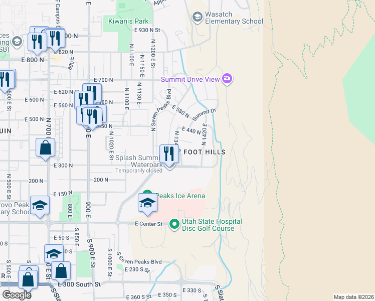 map of restaurants, bars, coffee shops, grocery stores, and more near 1381 East 400 North in Provo