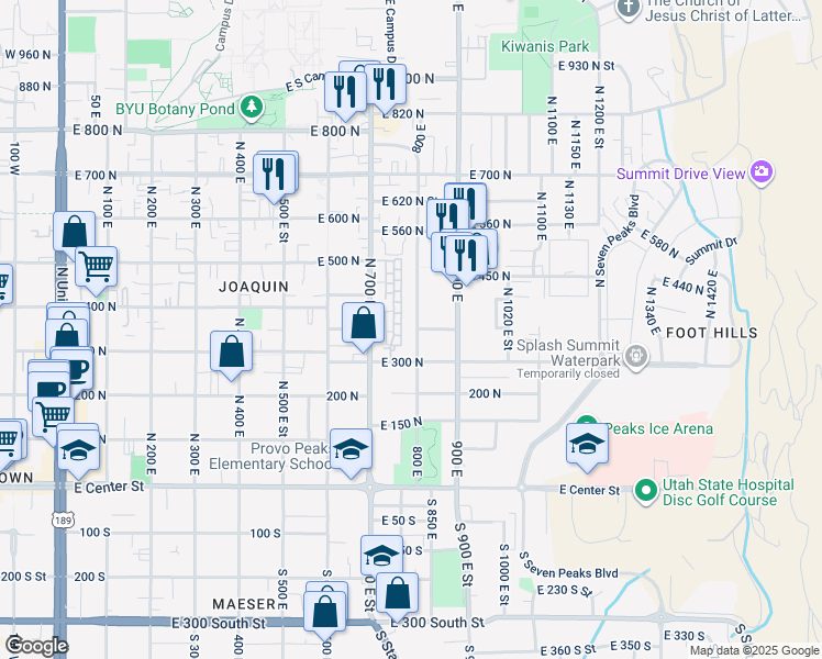 map of restaurants, bars, coffee shops, grocery stores, and more near 383 800 East in Provo