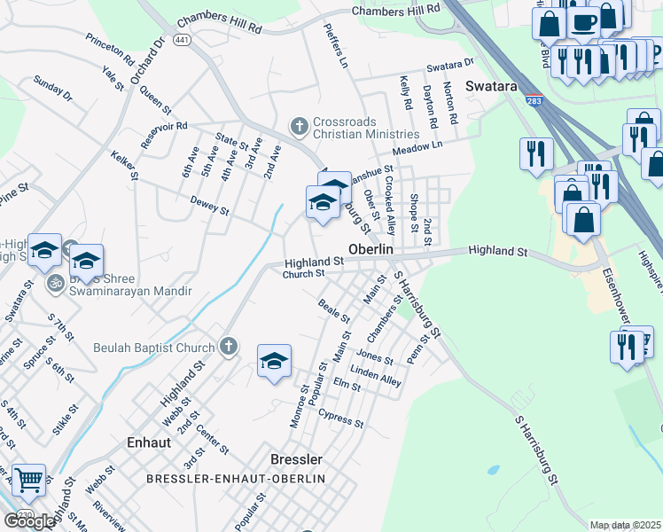 map of restaurants, bars, coffee shops, grocery stores, and more near 1082 Highland Street in Steelton