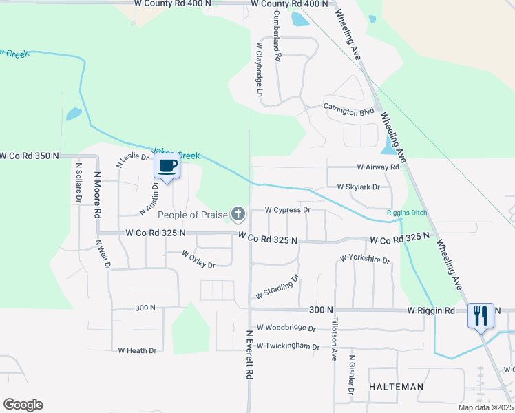 map of restaurants, bars, coffee shops, grocery stores, and more near Brenda Lane in Muncie