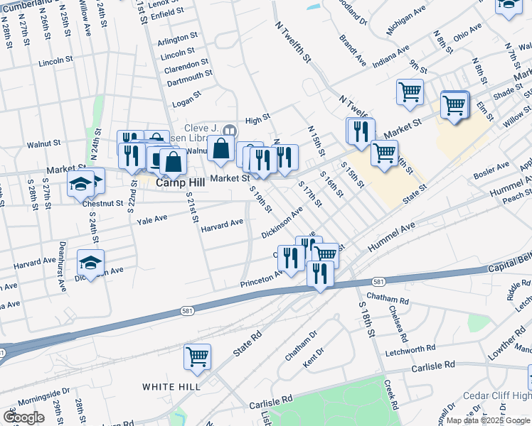 map of restaurants, bars, coffee shops, grocery stores, and more near 13 South 19th Street in Camp Hill