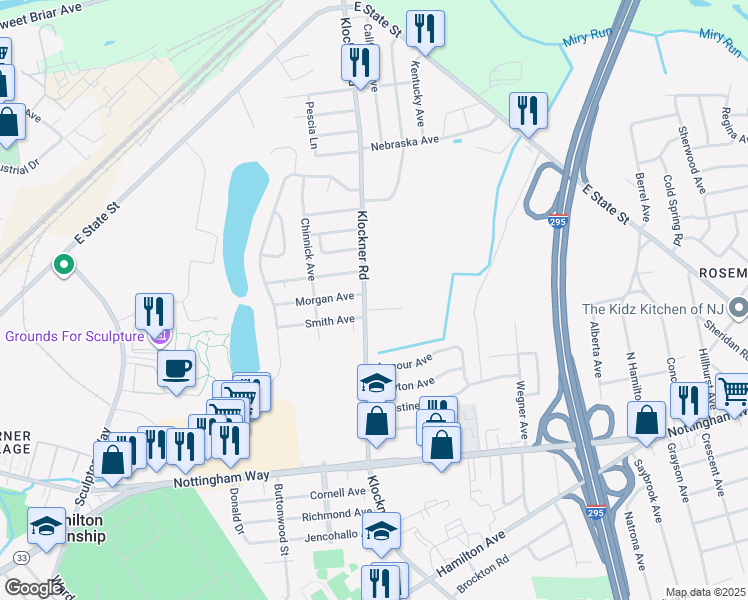map of restaurants, bars, coffee shops, grocery stores, and more near 642 Klockner Road in Hamilton Township