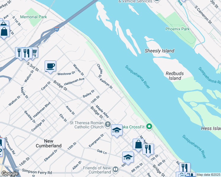 map of restaurants, bars, coffee shops, grocery stores, and more near 114 16th Street in New Cumberland