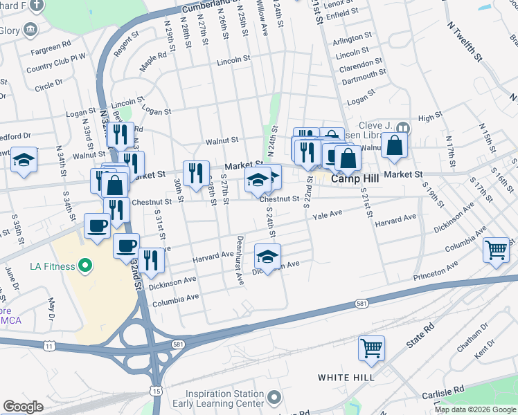map of restaurants, bars, coffee shops, grocery stores, and more near 100 South 24th Street in Camp Hill