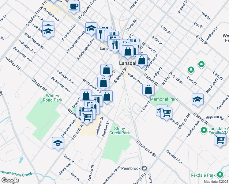 map of restaurants, bars, coffee shops, grocery stores, and more near 117 South Broad Street in Lansdale