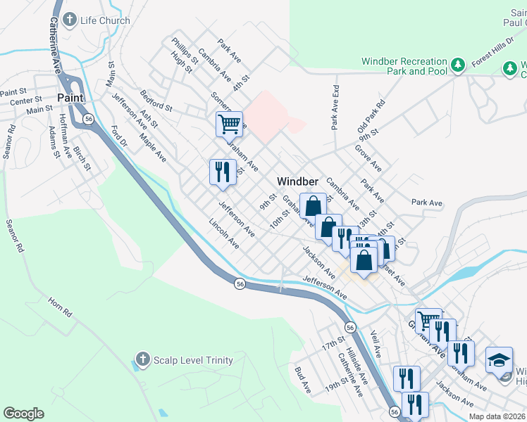 map of restaurants, bars, coffee shops, grocery stores, and more near 411 9th Street in Windber