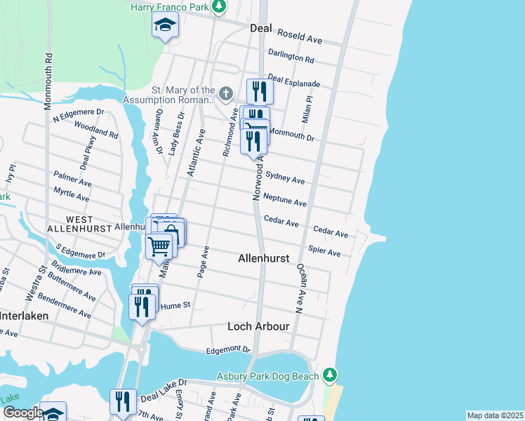 map of restaurants, bars, coffee shops, grocery stores, and more near 127 Cedar Avenue in Allenhurst