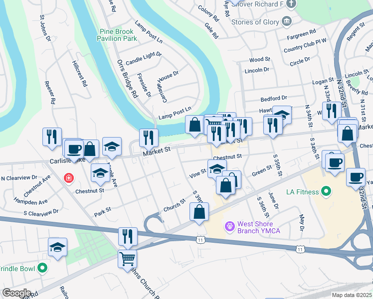 map of restaurants, bars, coffee shops, grocery stores, and more near 3817 Market Street in Camp Hill